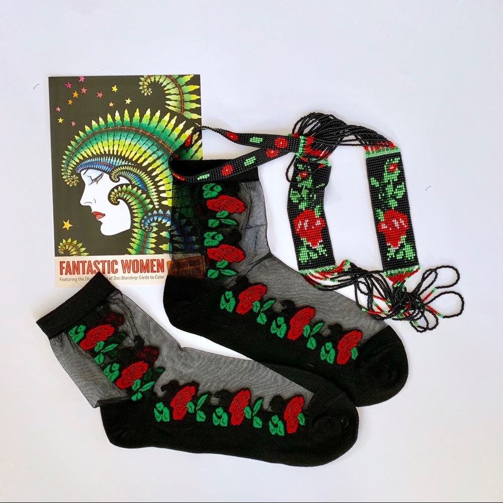 Rose Embroidered black ultra sheer ankle socks